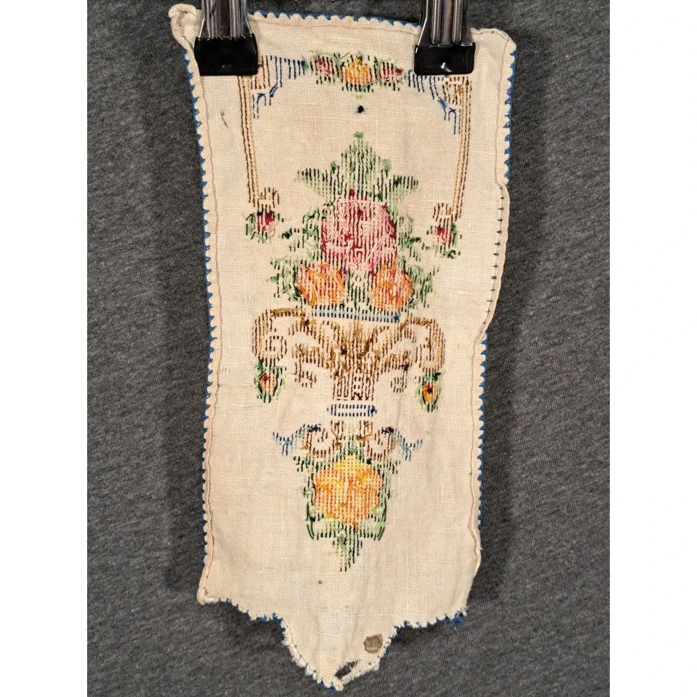 Vintage Handmade Cross Stitch Linen Floral Urn Scalloped Panels Set of 2 Cream